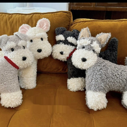 Plush Schnauzer Dog Cushion – Soft Grey & White with Red Collar
