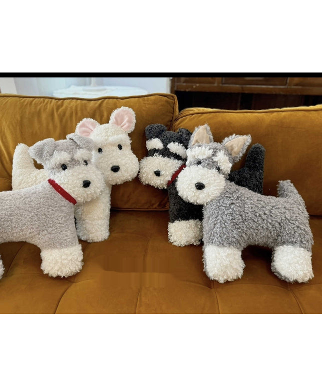 Plush Schnauzer Dog Cushion – Soft Grey & White with Red Collar