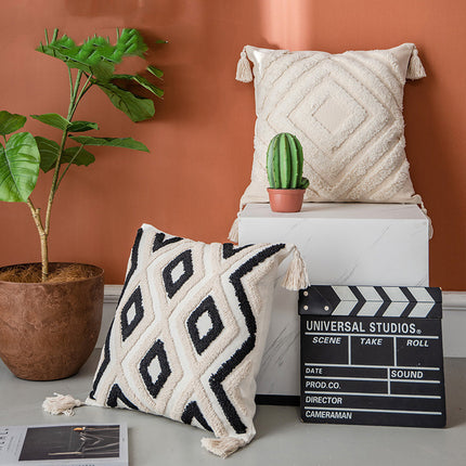 Embroidered Boho Style Cushion – Beige & Monochrome Geometric Patterns ✨🧵