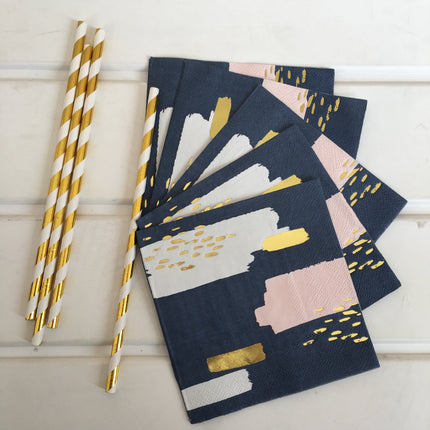 Party Disposable Paper Plates, Cups, Napkins & Straws – Navy, Pink, Gold Design, 5-Piece Set | Ikeame