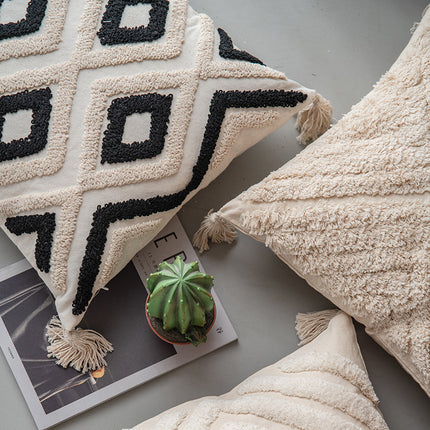 Embroidered Boho Style Cushion – Beige & Monochrome Geometric Patterns ✨🧵