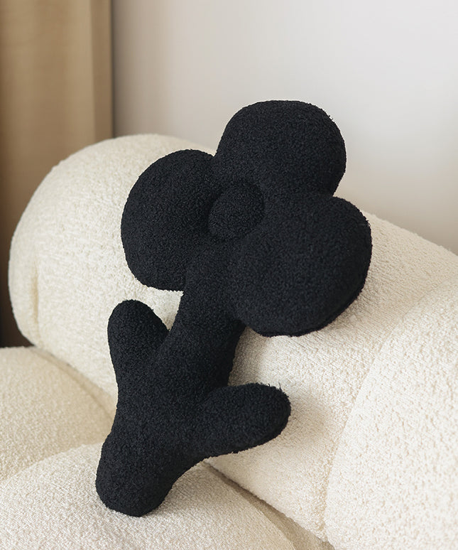 Plush Black Teddy Flower Pillow – Soft Decorative Cushion