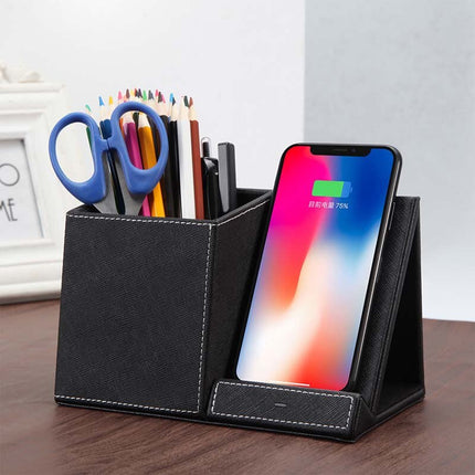 Leather Wireless Charging Pen Holder – 3-in-1 Desk Organiser
