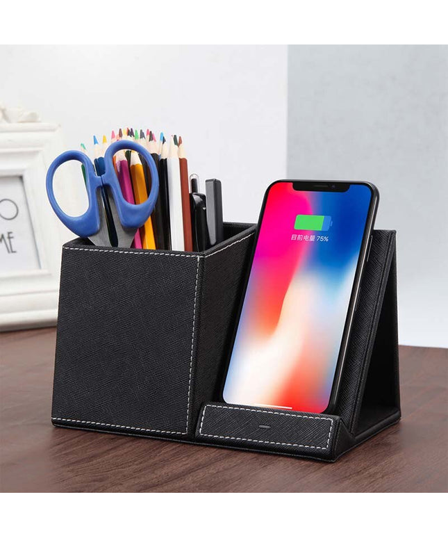 Leather Wireless Charging Pen Holder – 3-in-1 Desk Organiser
