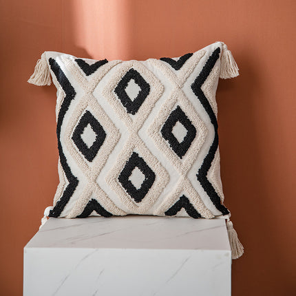 Embroidered Boho Style Cushion – Beige & Monochrome Geometric Patterns ✨🧵