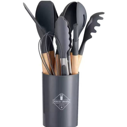 12 Piece Silicone Kitchen Utensil Set | Wooden Handle Kitchenware