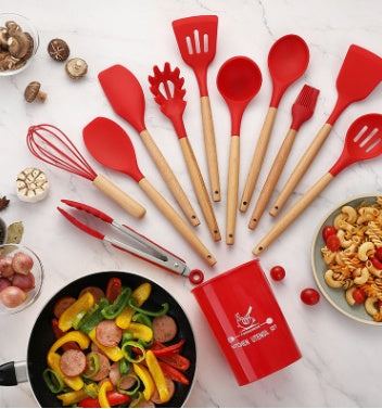 Silicone Kitchen Utensil Set | Wooden Handle Cooking Tools