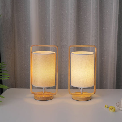 LED Solid Wood Table Lamp – USB Powered | Grey or Beige Shade