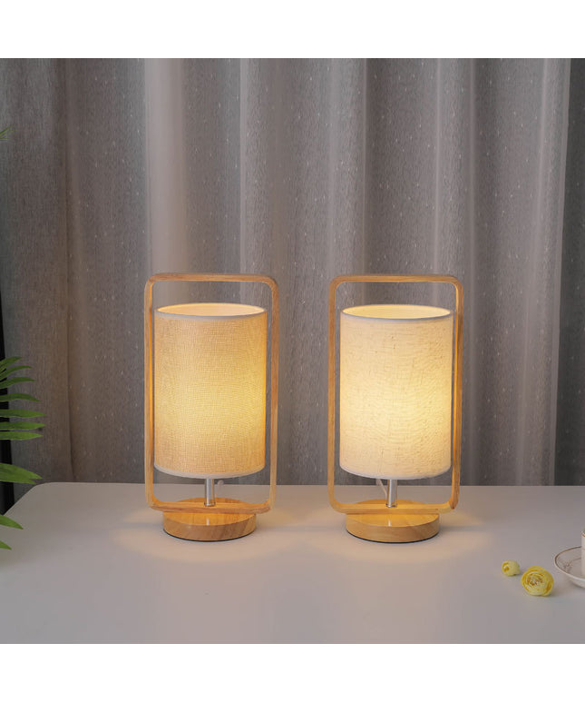 LED Solid Wood Table Lamp – USB Powered | Grey or Beige Shade