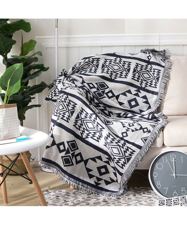 Black White Geometric Boho Cotton Throw | Sofa & Bed Blanket