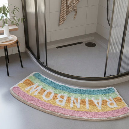 🌈 Fun Curved Bathroom Absorbent Floor Mat – Rainbow & Stretch Cat Design