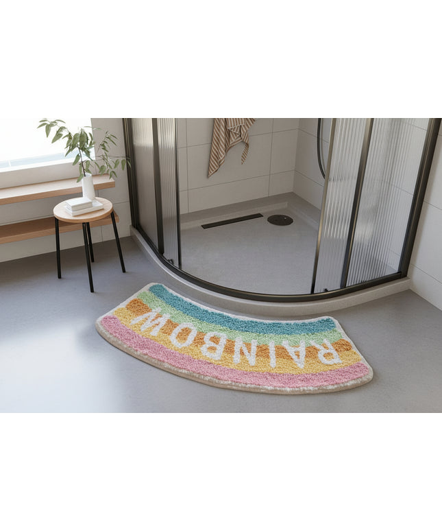 🌈 Fun Curved Bathroom Absorbent Floor Mat – Rainbow & Stretch Cat Design