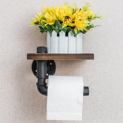 🛠️ Wrought Iron Pipe Toilet Roll Holder with Wooden Shelf