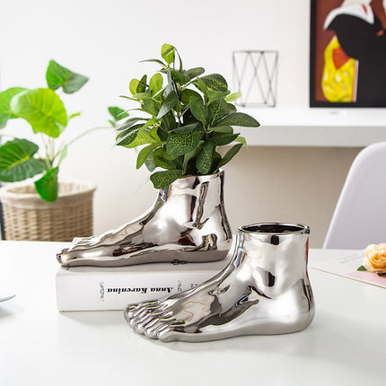 Abstract Ceramic Foot Vase – Gold & Silver Luxury Accent