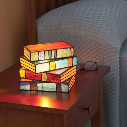 Book Stack Stained Glass Style Table Lamp – Resin LED Light