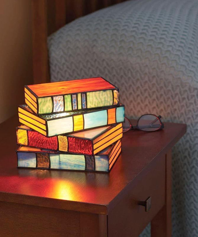 Book Stack Stained Glass Style Table Lamp – Resin LED Light