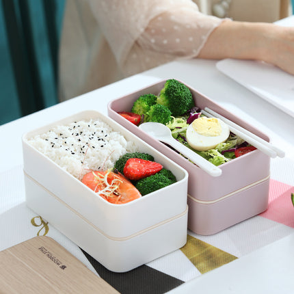 Double Layer Lunch Box 🍱 – White or Black with Wood Effect Lid