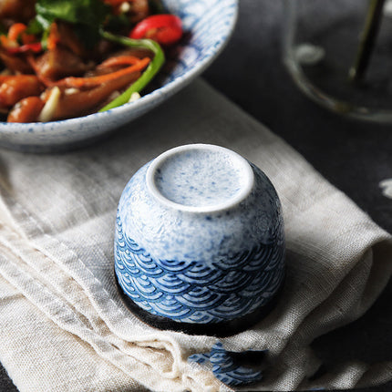 Ceramic Sake Set 🌊 – Blue & White Ripple Wave, Jug & 4 Cups