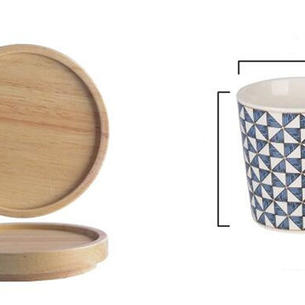 Scandinavian Ceramic Mug with Wooden Lid | Geometric Coffee Cup