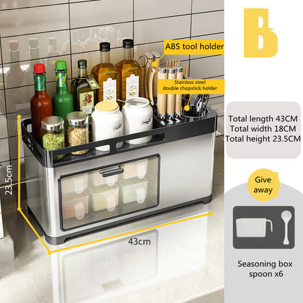 Stainless Steel Kitchen Storage Cabinet – Transparent Door, 6 Spice Boxes, Silver/Black | Ikeame