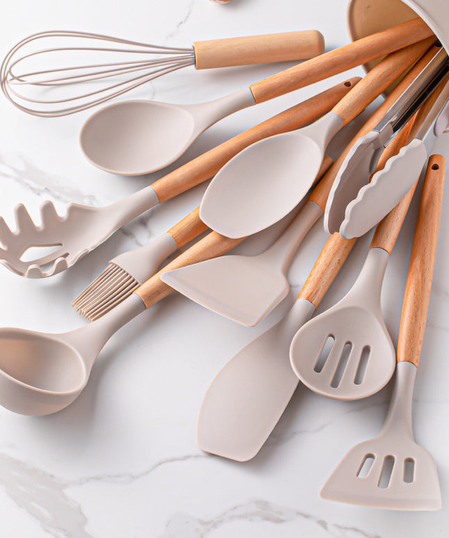 12 Piece Silicone Kitchen Utensil Set | Wooden Handle Kitchenware