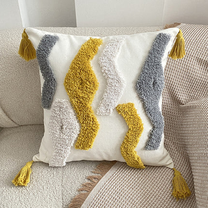 Nordic-Inspired Bohemian Tufted Cushion – Grey and Yellow Geometric Design