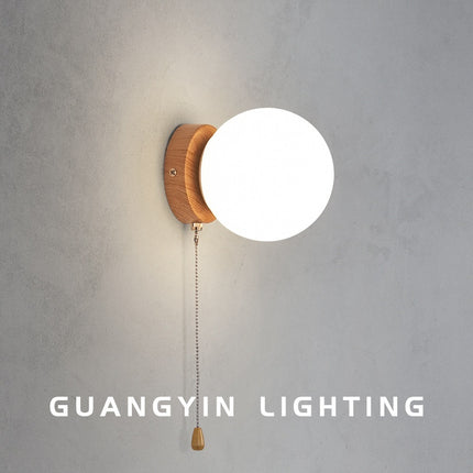 Nordic Spherical Wall Lamp – Iron Glass with Wood Grain Base, Pull Cord