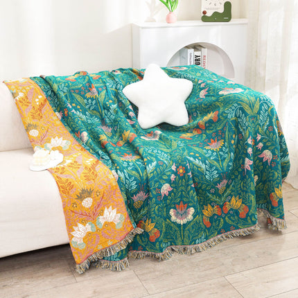 Reversible Cotton Blanket | Floral Tassel Sofa Throw