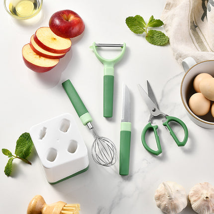 Kitchen Gadget 5-Piece Set – Stainless Steel & High-Quality Plastic | Includes Peeler, Whisk, Scissors, Knife & Utensils Pot