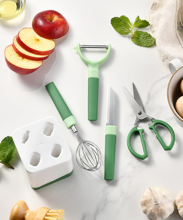 Kitchen Gadget 5-Piece Set – Stainless Steel & High-Quality Plastic | Includes Peeler, Whisk, Scissors, Knife & Utensils Pot