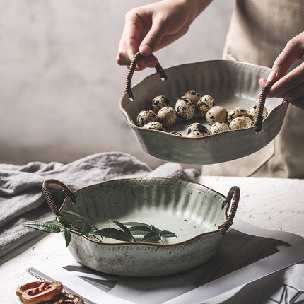 Vintage Rough Pottery Serving Dish with Handles – 21cm | Grey or Green