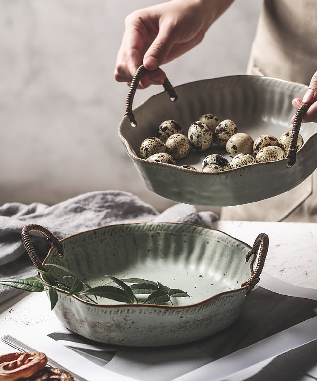 Vintage Rough Pottery Serving Dish with Handles – 21cm | Grey or Green