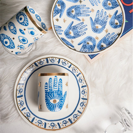 Eye Print Ceramic Mug & Plate Set | Gold Detail Decorative Tableware