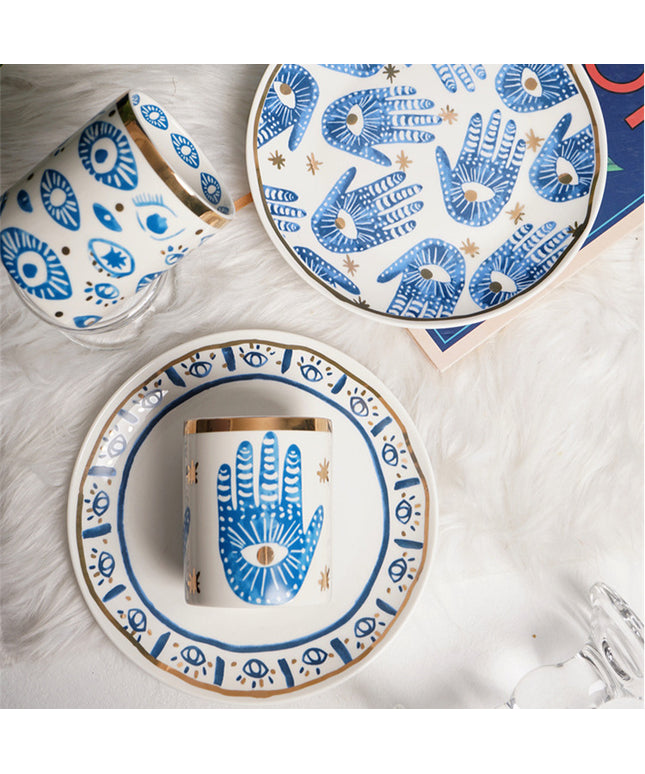 Eye Print Ceramic Mug & Plate Set | Gold Detail Decorative Tableware