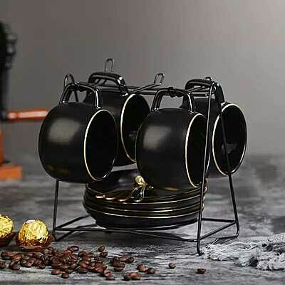 Black Gold Coffee Cup Set | Matte Bone China Mug & Saucer