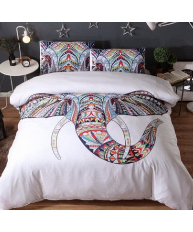 White Elephant Head Bedding Set – Colourful Pattern Design, Double to Super King