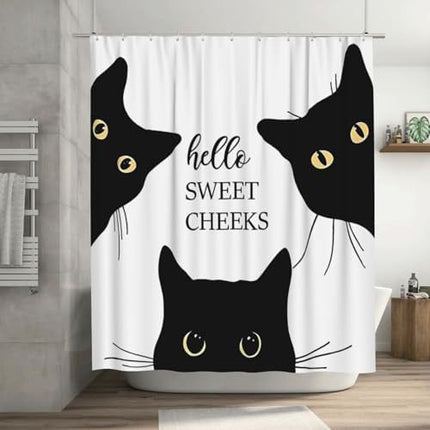 Black Cat Shower Curtain Waterproof Polyester Fabric Design With Text