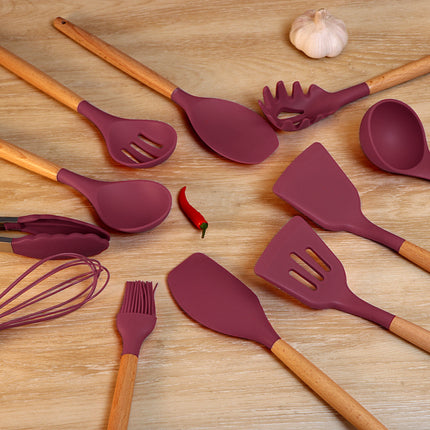 12 Piece Silicone Kitchen Utensil Set | Beech Wood Handles