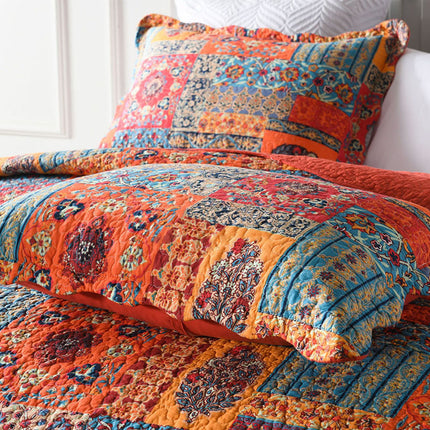 Cotton Summer Quilt in Red Boho Style + 2 Matching Pillowcases