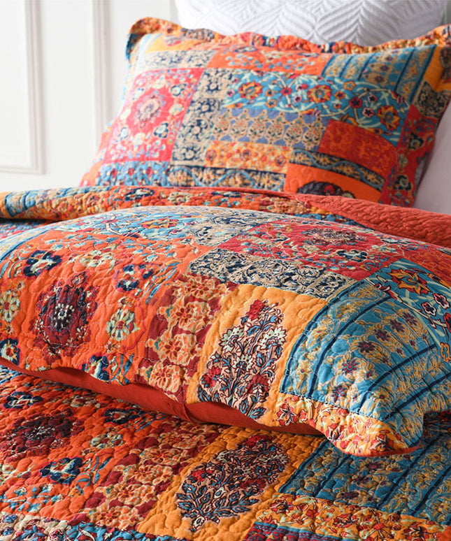 Cotton Summer Quilt in Red Boho Style + 2 Matching Pillowcases