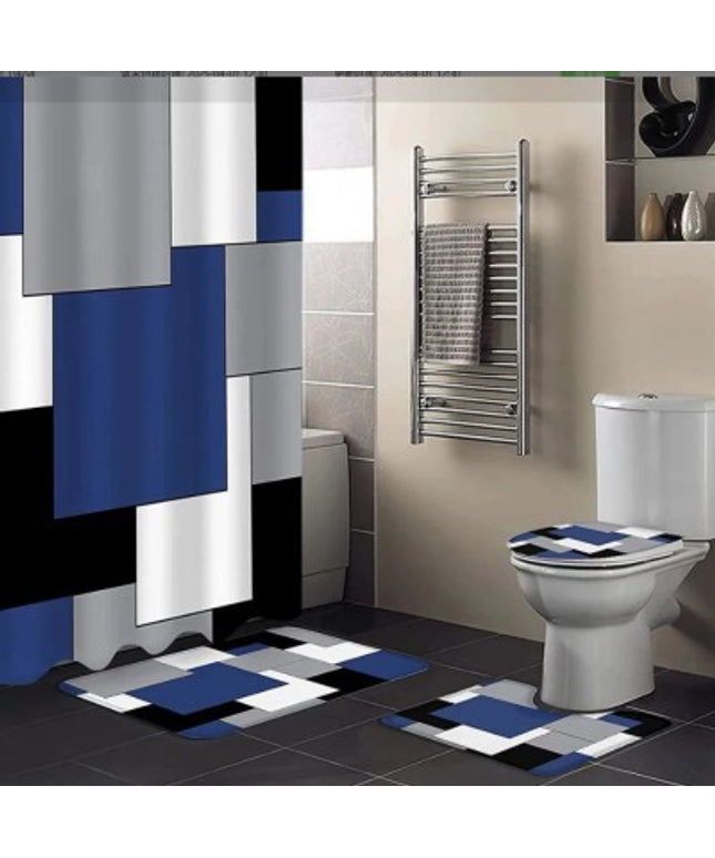 Colour Block Shower Curtain Set | Blue, Black & Grey Luxury Bathroom – Ikeame