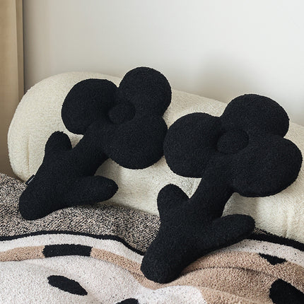 Plush Black Teddy Flower Pillow – Soft Decorative Cushion