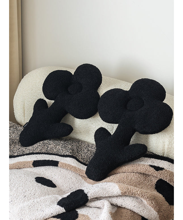 Plush Black Teddy Flower Pillow – Soft Decorative Cushion