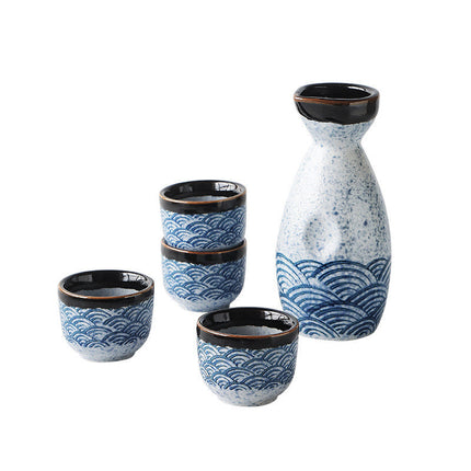 Ceramic Sake Set 🌊 – Blue & White Ripple Wave, Jug & 4 Cups