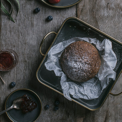 Rustic Metal Serving Tray 🥖 – Dark Iron with Brass Handles, Round or Square
