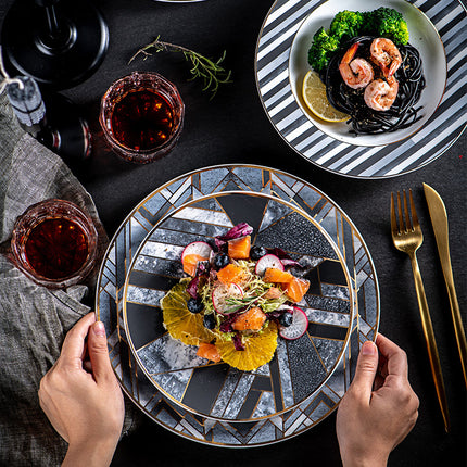 Luxury Bone China Plates – Nordic Monochrome Geometric Design with Gold Trim | 20cm or 25cm