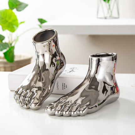 Abstract Ceramic Foot Vase – Gold & Silver Luxury Accent