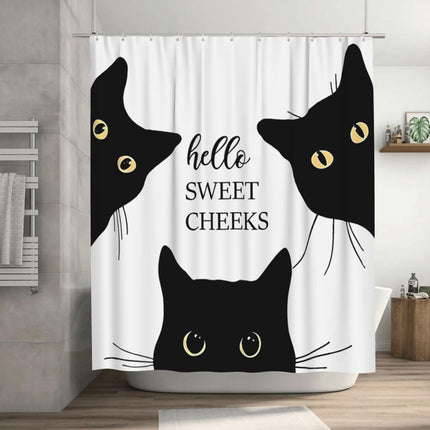 Black Cat Shower Curtain Waterproof Polyester Fabric Design With Text