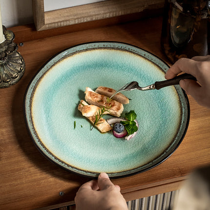 Vintage Ceramic Plate 🌊 – Blue-Green Ice-Cracked Glaze