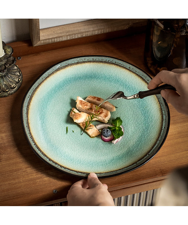 Vintage Ceramic Plate 🌊 – Blue-Green Ice-Cracked Glaze